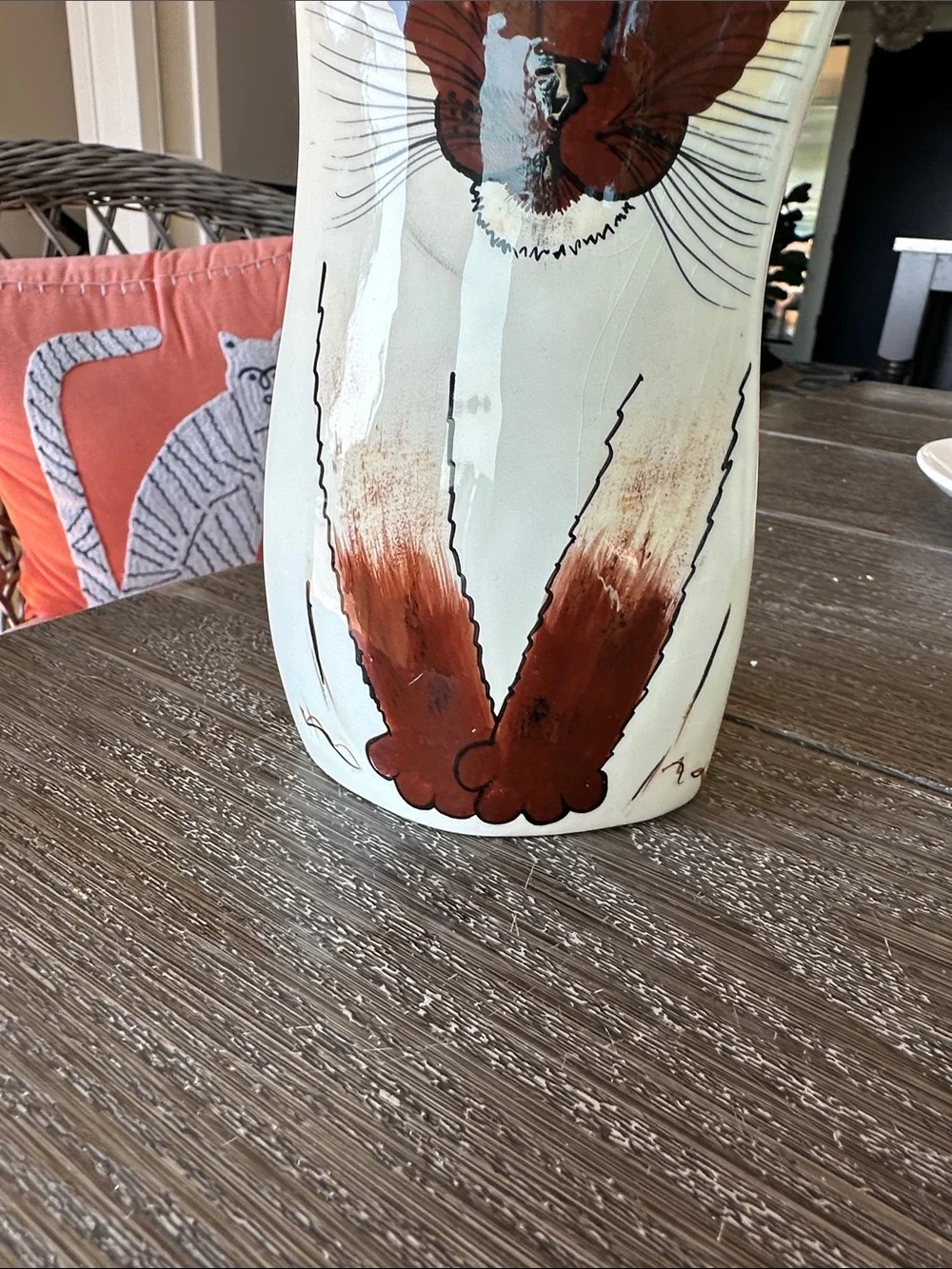 Handpainted Ceramic Cat Vase Figurine in Cream and Brown
